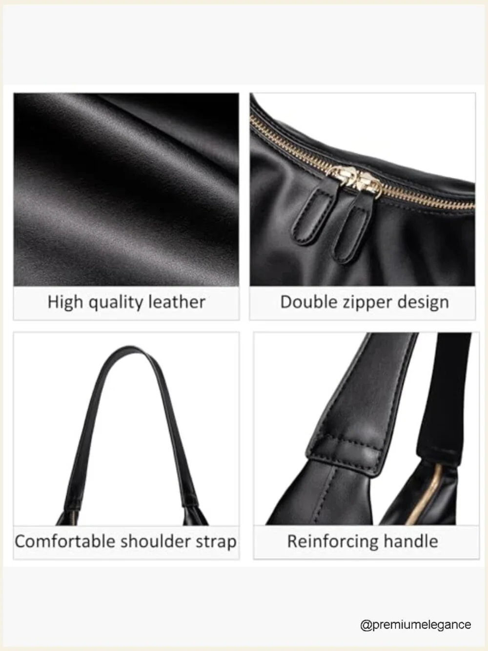 Soft PU Leather Hobo Bag Double Zipper Shoulder Purse Slouchy Tote Handbag